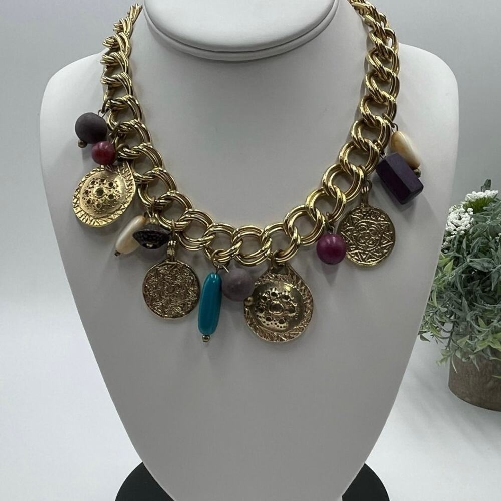 Carol Dauplaise‎ Signed Vintage Double Gold-tone Link Disc Bead Charm Necklace